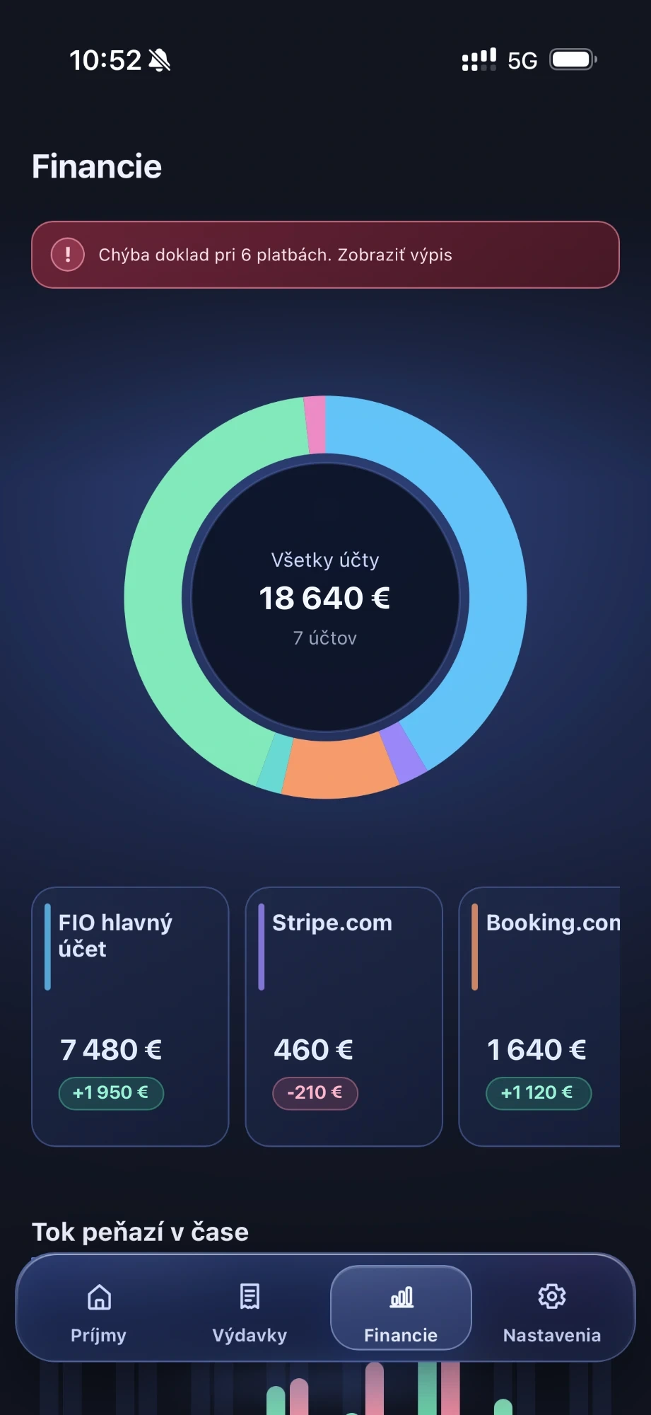 Prehľad financií v mobile — stav všetkých účtov a tok peňazí v čase
